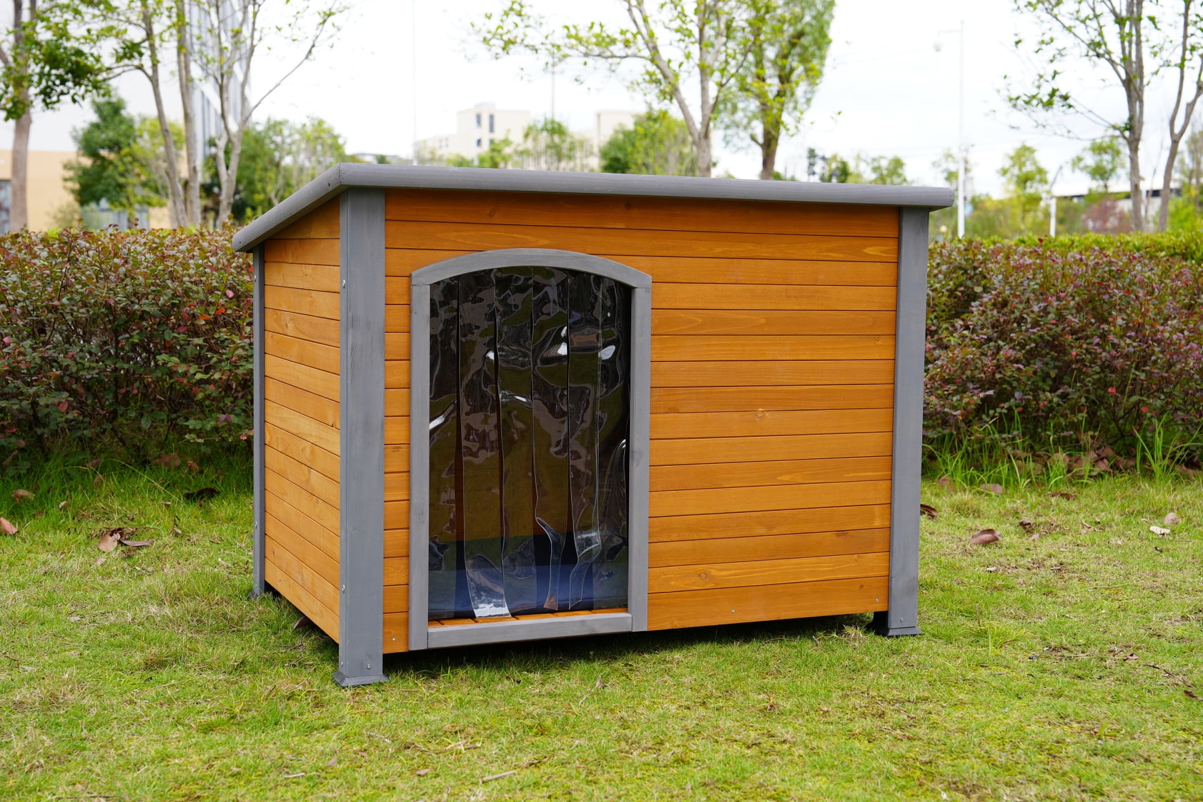 45" Wooden Dog House, Outdoor and Indoor Winter Kennel with Elevated Feet and Plastic Curtain, Weatherproof Solid Wood Doghouse for Small Large Dog
