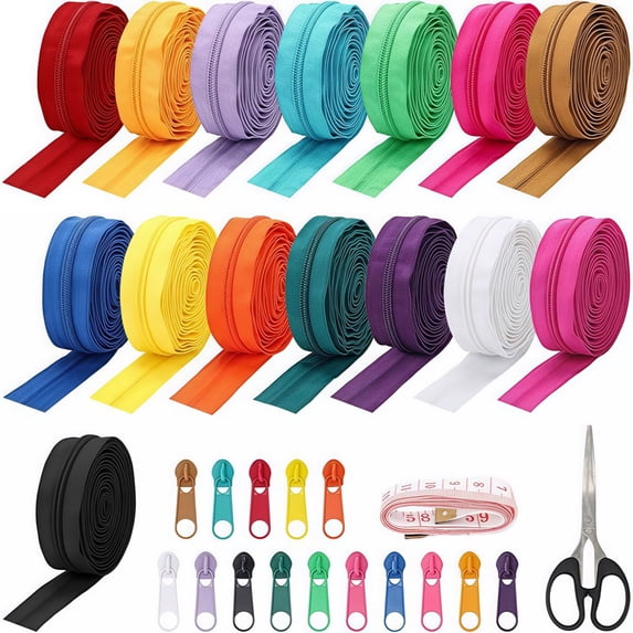 45 Yards 15 Colors #5 Nylon Coil Zippers with 90Pcs Pull Heads, Scissor, Ruler for Clothes, Bag, Purse