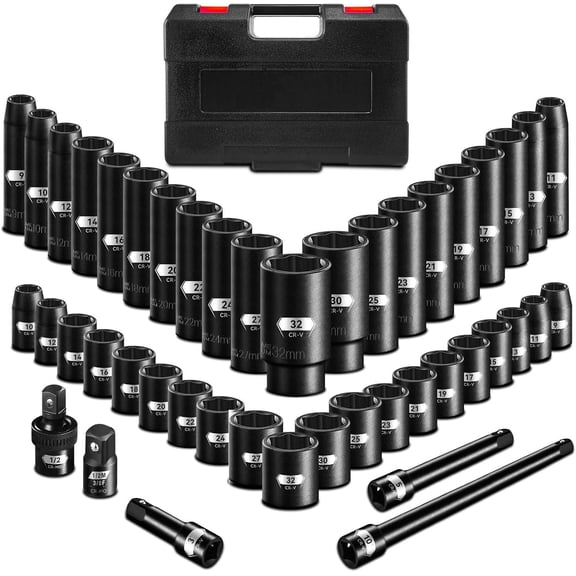 45 count 1/2" Drive Metric Socket Set, Deep & Shallow Socket Set with Extension Bars, Adapter and Joint, Size 9-32mm, 6-Point Design, Chrome Vanadium Steel, Includes Storage Case