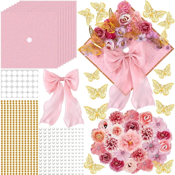45 count DIY Graduation Cap Decoration Kit - 8 Cream Construction Paper with Artificial Flower Heads Bow Butterfly Adhesive Dots Rhinestone Stickers for Grad Hat Topper DIY ()