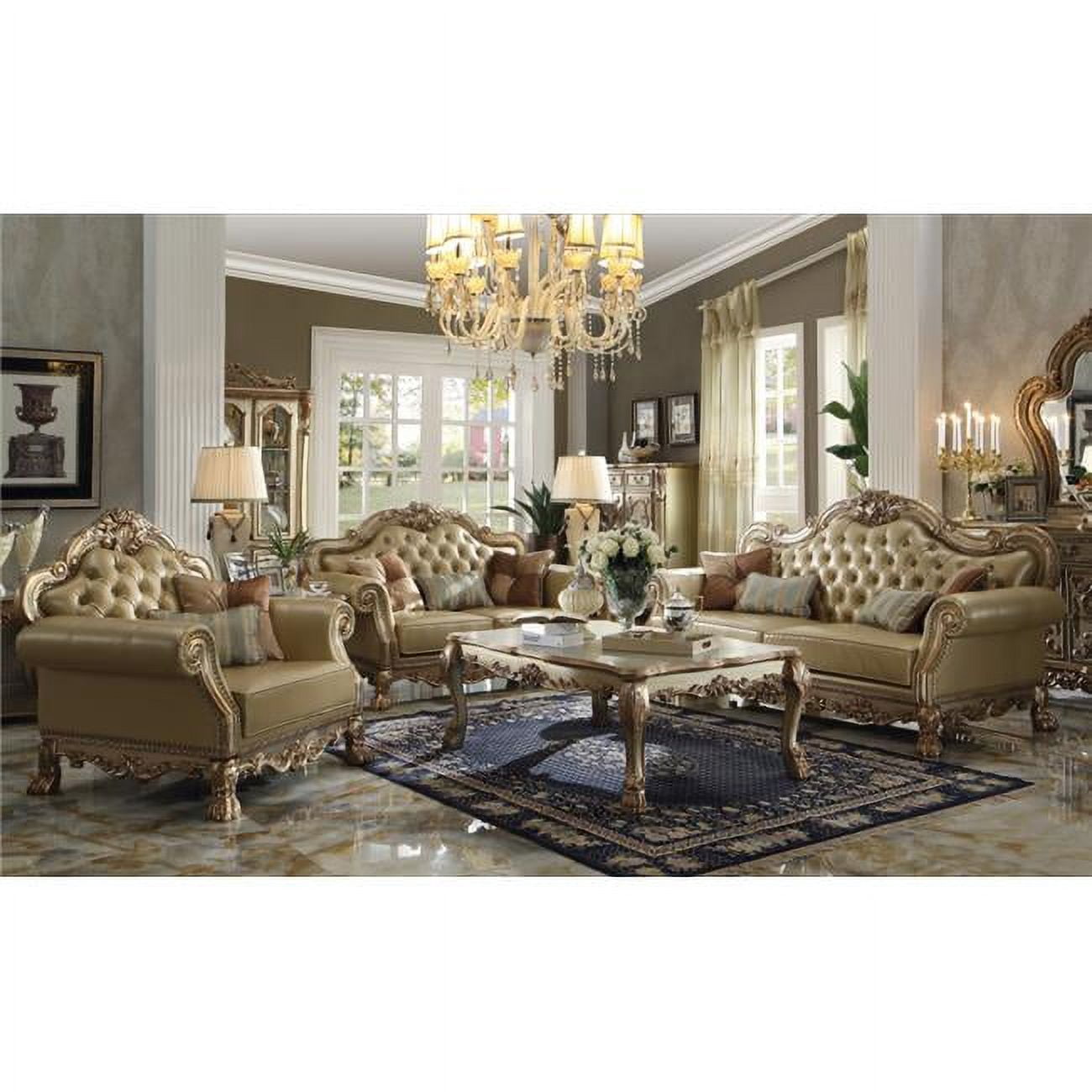 Ivory and Gold Faux Leather Ornate Arm Chair with Wood Frame