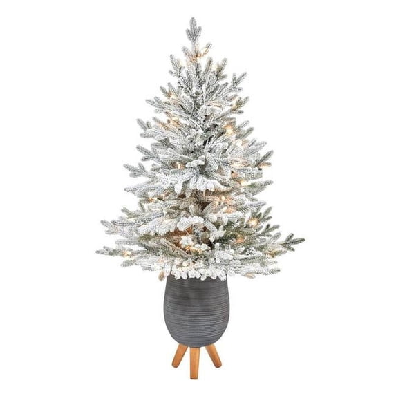 45 in. Flocked Fraser Fir Artificial Christmas Tree with 200 Warm White Lights & 481 Bendable Branches in Gray Planter with Stand