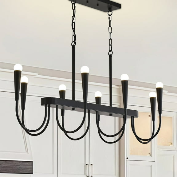 45-inch Black Industrial Linear Chandelier, 8-Light Adjustable Pendant Light for Kitchen Island, Dining Room, Farmhouse Ceiling Fixture