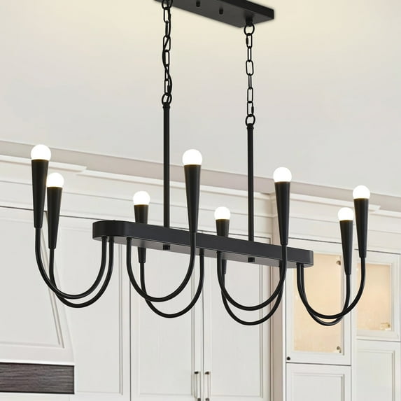 45-inch Black Industrial Linear Chandelier, 8-Light Adjustable Pendant Light for Kitchen Island, Dining Room, Farmhouse Ceiling Fixture