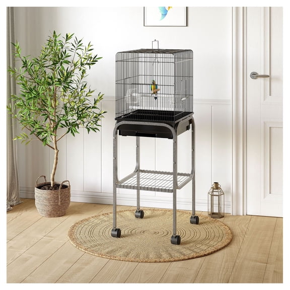45-inch Metal Cage, Parrot Aviary with Rolling Stand - Black