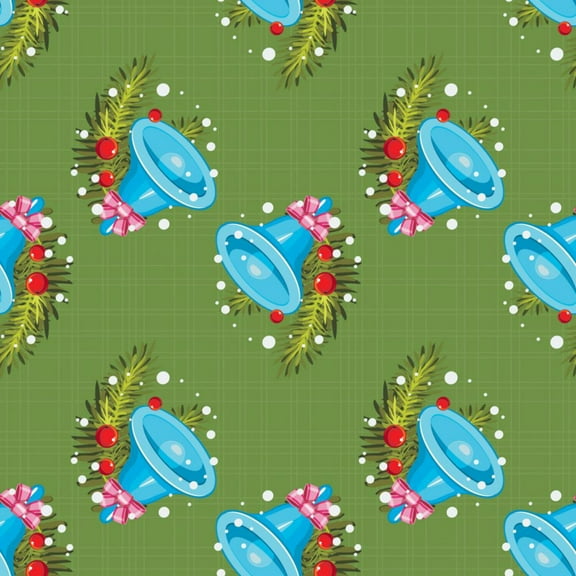 Christmas Blue Bells on Green Plaid 100% Cotton Fabric