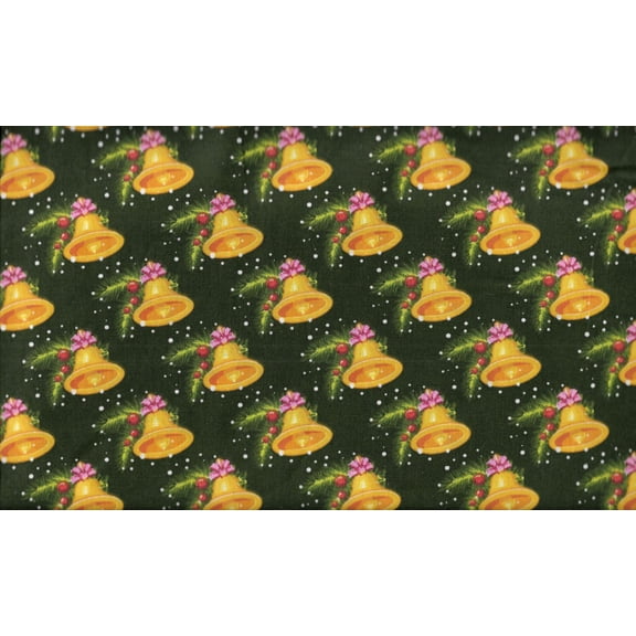 Christmas Gold Bells on Dark Green 100% Cotton Fabric
