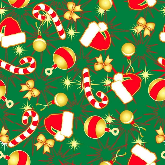 Christmas Gold and Red Balls Bows and Hats on Green 100% Cotton Fabric