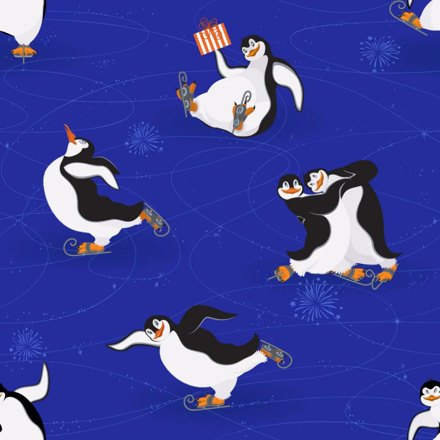 45 x 36 Christmas Ice Skating Penguins on Blue 100 Cotton Fabric By