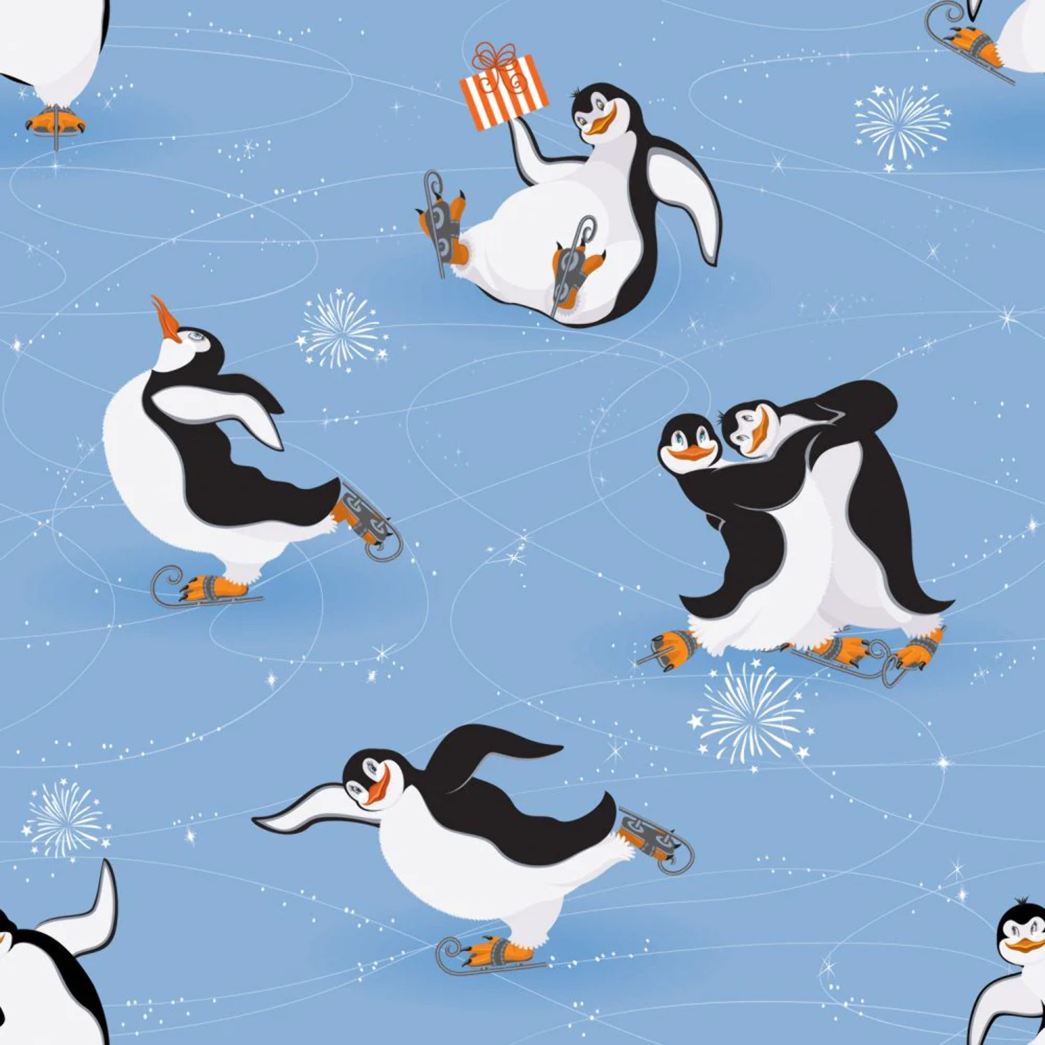 45 x 36 Christmas Ice Skating Penguins on Light Blue 100 Cotton Fabric