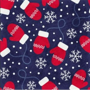 45 x 36 Christmas Red Mittens and Snowflakes on Blue 100% Cotton Fabric