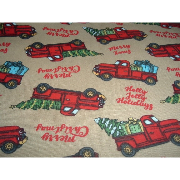 Christmas Red Truck Gifts Trees on Tan 100% Cotton Fabric Price per Yard