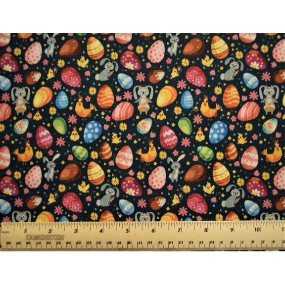 Easter Bunny and Eggs on Black Digital Print 100% Cotton Fabric