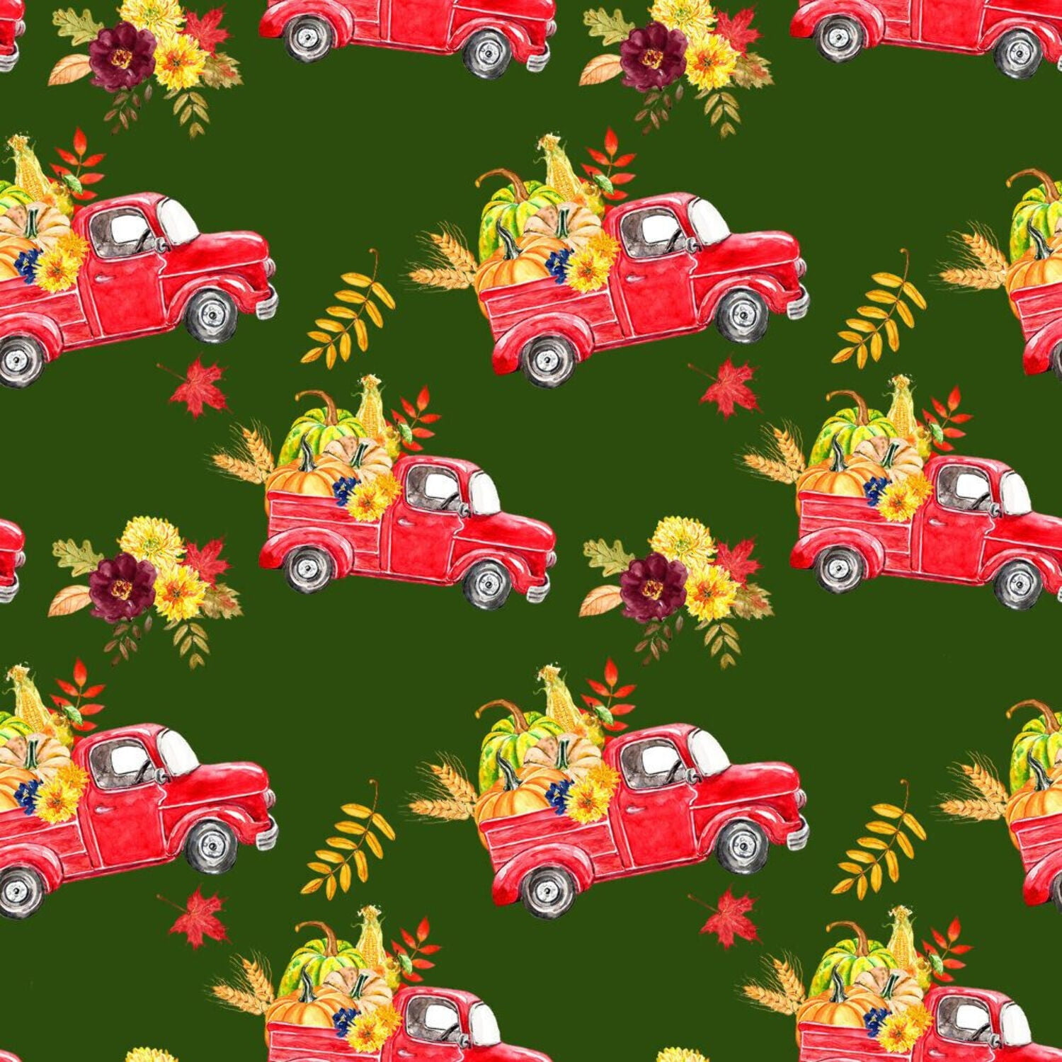 Automn Cloth Fall Autumn Thanksgiving Fabric Red Truck with Harvest Haul on Green ...