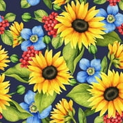 45 x 36 Fall Autumn Thanksgiving Fabric Sunflower and Blue Flowers 100% Cotton Fabric