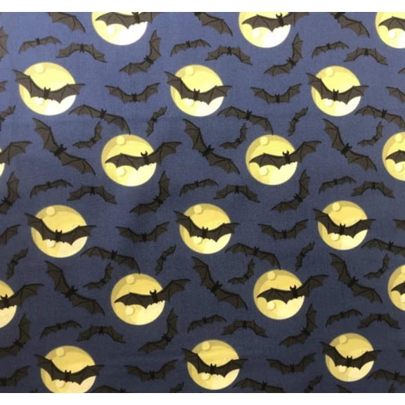 Halloween Bats Full Moon on Blue 100% Cotton Fabric
