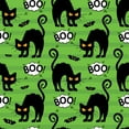 thumbnail image 1 of Halloween Black Cats BOO and Bats on Striped Green 100% Cotton Fabric, 1 of 3