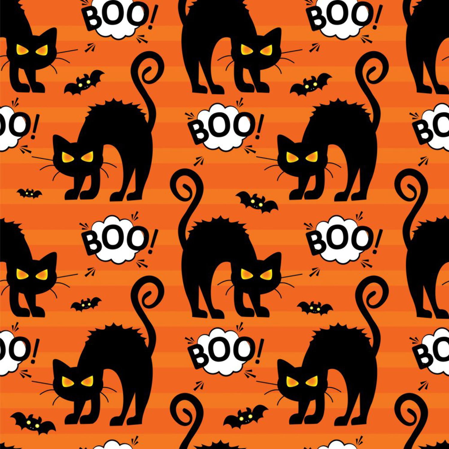 45 x 36 Halloween Black Cats BOO and Bats on Striped Orange 100% Cotton ...