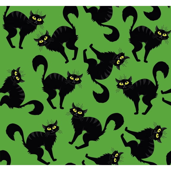 Halloween Creepy Black Cats on Green 100% Cotton Fabric