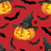 Halloween Lighted Pumpkins and Bats on Red 100% Cotton Fabric