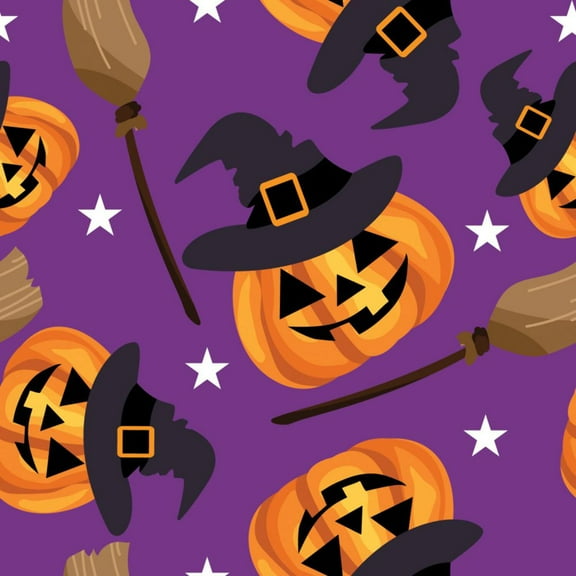 Halloween Smiling Pumpkins and Witches Brooms on Purple 100% Cotton Fabric