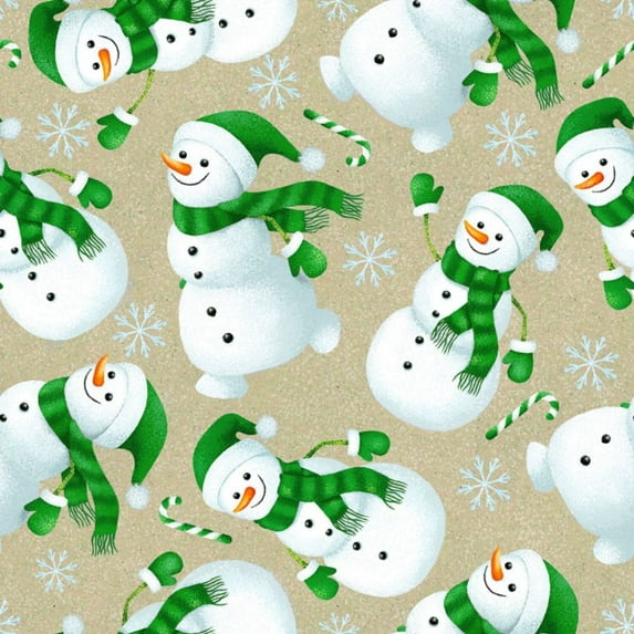 Christmas Snowmen with Green Scarves on Tan 100% Cotton