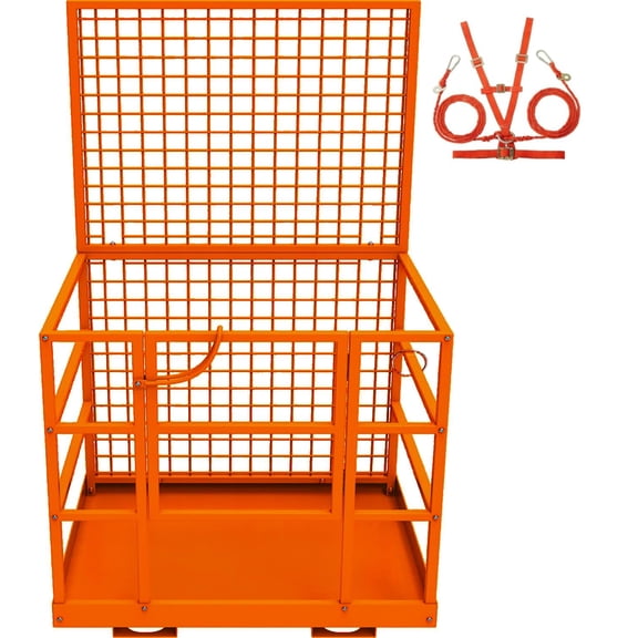 45" x 43" Forklift Safety Cage, 2200 LBS Heavy Duty Forklift Man Basket with Guardrails, Safety Harness & Wheels, Foldable Aerial Work Platform for Warehouse, Construction, Maintenance, Loader Liftin