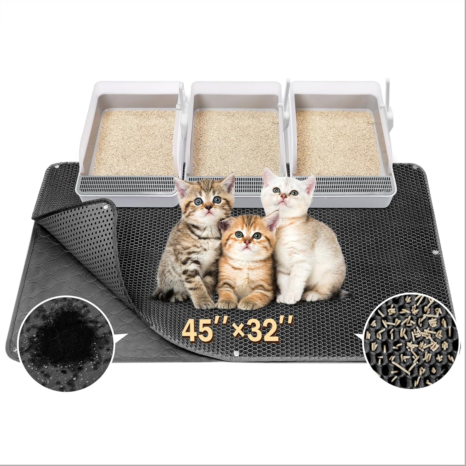 45"x32" Extra Large Cat Litter Mat, Honeycomb Double Layer Kitty Litter Trapping Mat, Urine Proof & Waterproof, Easy Clean, Machine Washable, Non-Slip, Scatter Control, Black