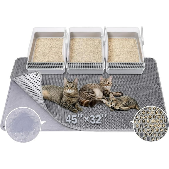 45"x32" Extra Large Cat Litter Mat, Honeycomb Double Layer Kitty Litter Trapping Mat, Urine Proof & Waterproof, Easy Clean, Machine Washable, Non-Slip, Scatter Control-Grey