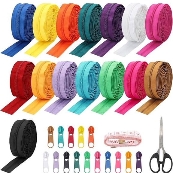 45 yards 15 Colors #5 Nylon Coil Zippers with 90 pcs Pull Heads, Scissor, Ruler, Assorted Lengths Sewing Zipper for DIY Sewing Crafts Zipper Tape for Clothes, Bag, Purse Making Supplies Kit