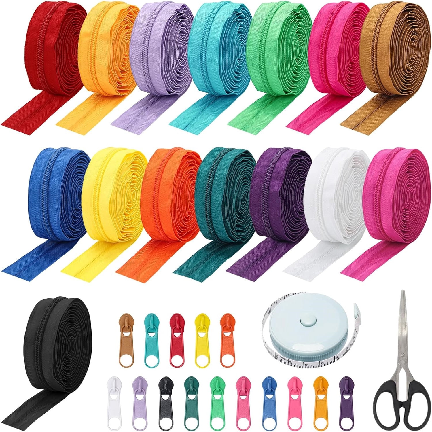45 yards 15 Colors #5 Nylon Coil Zippers with 90pcs Pull Heads, Scissor, Ruler, Assorted Lengths Sewing Zipper for DIY Sewing Crafts Zipper Tape for Clothes, Bag, Purse Making Supplies Kit