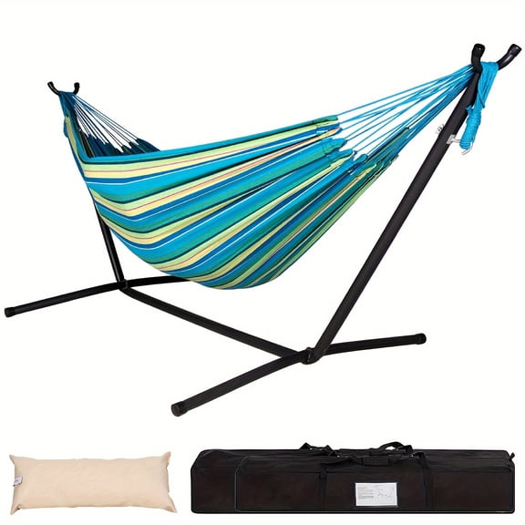 450 LBS Heavy Duty Double Hammock with Steel Stand & Rolling Wheels, No Assembly Blue Portable Hammock Includes Pillow & Carry Bag for Patio Backyard Camping Indoor Use