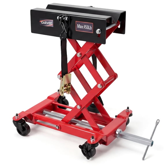 450 LBS Low Profile Floor Transmission Jack – Heavy Duty Lifting Tool with Safety Strap, 4 Smooth Swivel Casters & Height Range 7-23 Inch, Red Auto Repair Jack for Mechanics & Garages