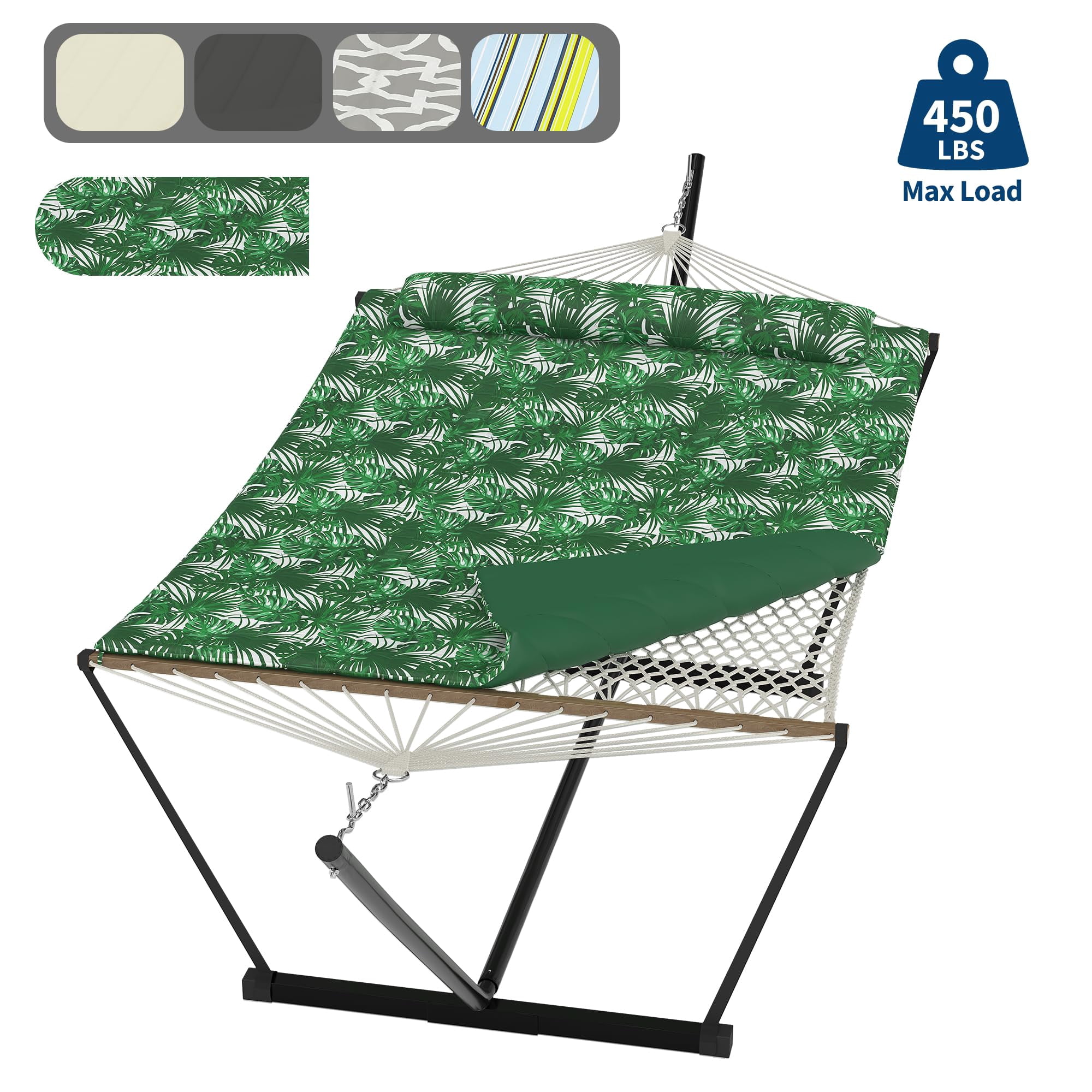 450 Lbs Capacity 2-Person Double Hammock with Stand - Portable Breathable Cotton Rope Hammock with Reversible Quilted Pad & Pillow for Patio, Garden & Camping