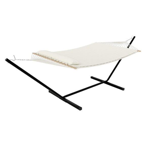 450 Lbs Capacity 2-Person Double Hammock with Stand - Portable Breathable Cotton Rope Hammock with Reversible Quilted Pad & Pillow for Patio, Garden & Camping