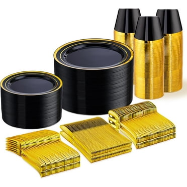450 PCS Black and Gold Disposable Dinnerware Set for 75 Guests, Plastic Plates for Party, Gold rimmed Plastic Dinner Plates,Salad Plates,Cups,Silverware Set for Party Supplies