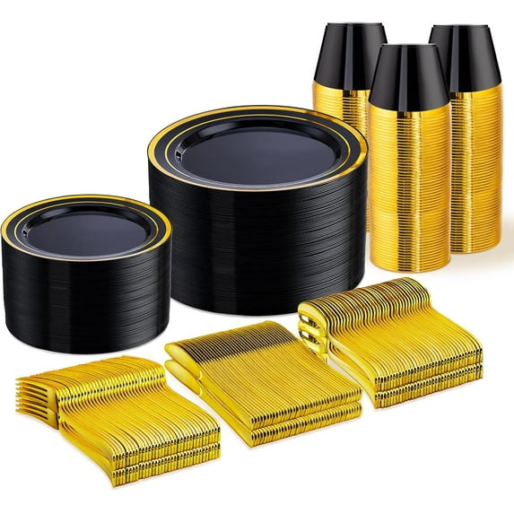 450 PCS Black and Gold Disposable Dinnerware Set for 75 Guests, Plastic Plates for Party, Gold rimmed Plastic Dinner Plates,Salad Plates,Cups,Silverware Set for Wedding and Party Supplies