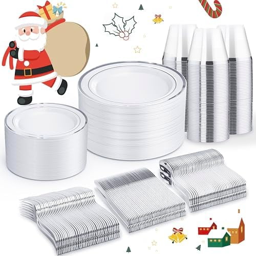 450 PCS Silver Disposable Dinnerware Set for 75 Guests, Wedding Plates Silver Plastic Plates for Party, Including 75 Dinner Salad Plates, Cups, Forks Knives Spoons for Wedding and Party