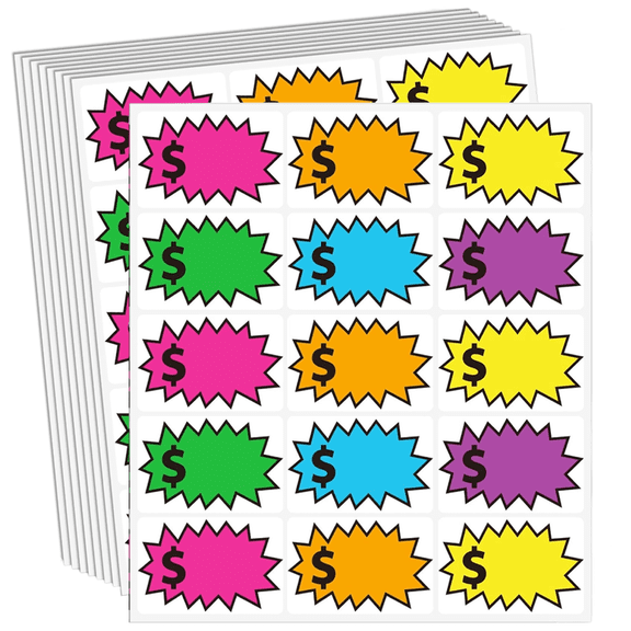 450 Pcs 2 x 3 inch Colorful Dollar Sign Burst Price Tag Stickers - Removable Writeable Labels for Garage, Yard & Flea Markets