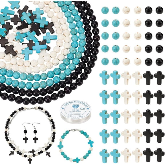 450 Pcs Beads Kit 3 Colors Beads Bulk 8mm Round Stone Beads Turquoise Bead with 8.2Yards/7.5m Clear Elastic Thread DIY