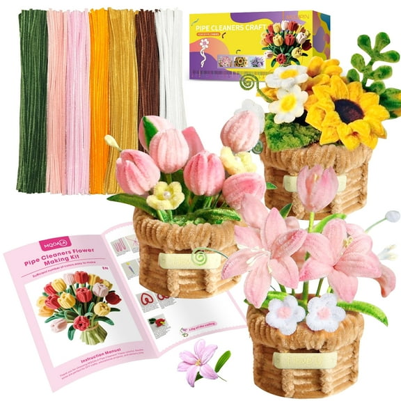 MQ 450 Pcs Pipe Cleaners Craft,8 Assorted Colors Pipe Cleaners Bulk, for DIY Tulip, Sunflower, and Lily Basket Kit with Floral Wires, Gardening Tape, Pearls