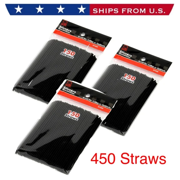 450 Plastic Cocktail Or Coffee Stirrer Straws, 5 Inch, Black