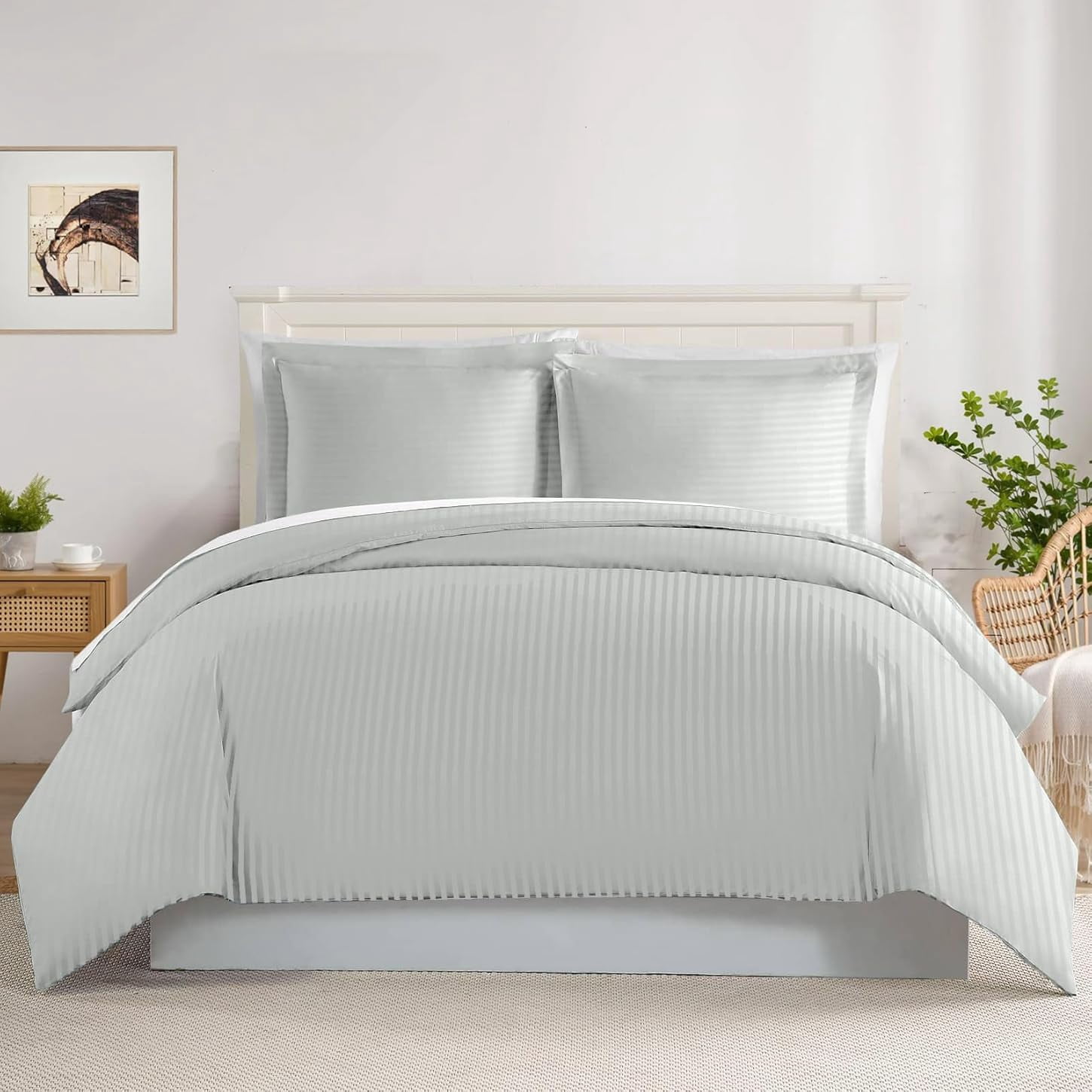 450 TC 3 Piece Duvet Cover Set Organic Cotton with Zipper Closure & Corner Ties Soft & Comfy Breathable Hotel Quality [ King Size ( 90" x 104" ) Inches, Silver Grey Stripe ]