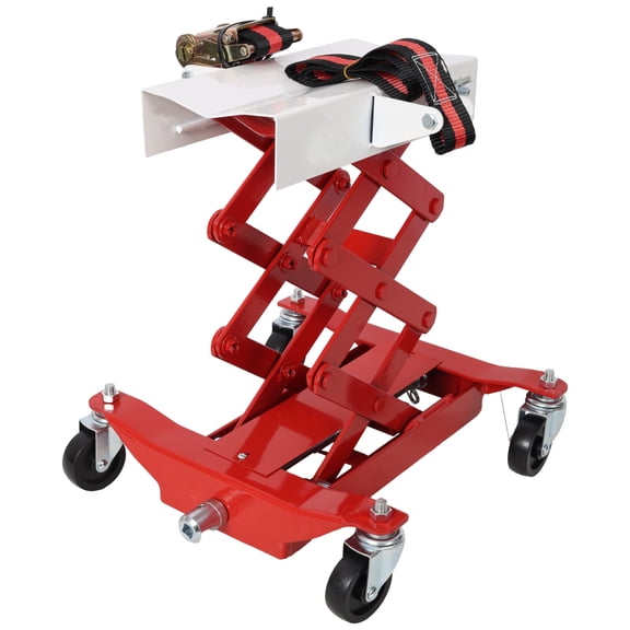 450 lbs Capacity Low Lift Transmission Jack - Durable Red Design with Nylon Safety Strap, Ideal for Safely Lifting Transmissions & Gas Tanks on Smaller Vehicles - Perfect for DIY Mechanics