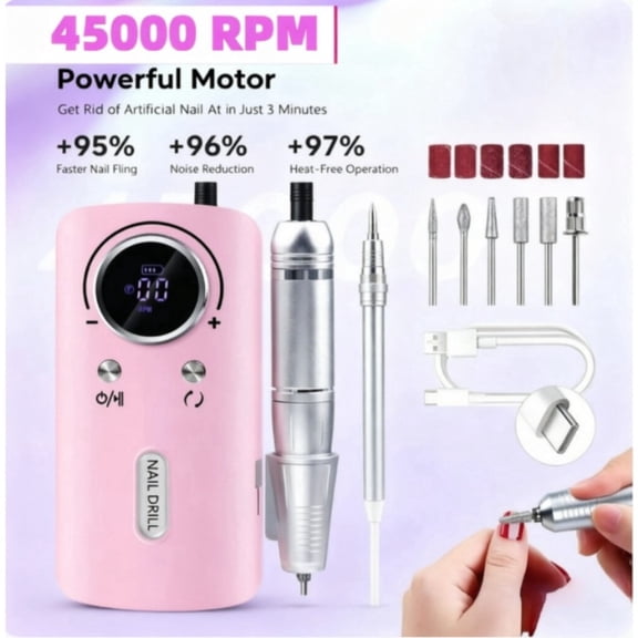 CHARMDOO Rechargeable 45000 RPM Battery Nail Drill with LCD Display and Adjustable Speed, Pink