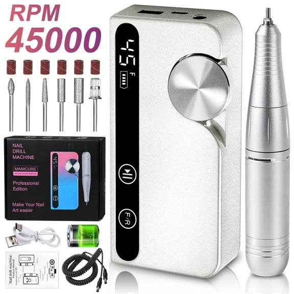 45000RPM Professional Rechargeable Nail Drill - Cordless Electric Nail File for Acrylics, Gel Polish Removal, Low Noise & Portable E-file Manicure Machine for Home & Salon Use