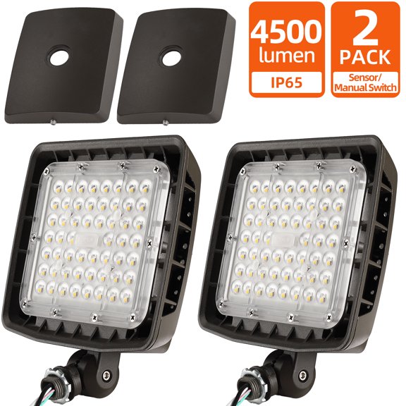 4500LM LED Security Lights Outdoor, Dual Control- Switch/ Dusk-to-Dawn Sensor, 32W, 0-10V Dimmable, Die-Cast Aluminum, 300W Replacement Wired Exterior Flood Light With 180 Knuckle, 4000K
