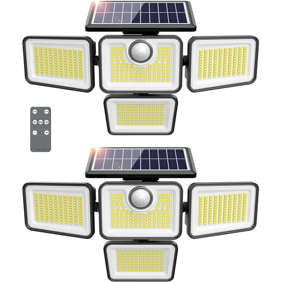4500LM Solar Lights Outdoor, 4 Adjustable Heads Motion Sensor Lights, 3 Mode, 6500K, IP65 Waterproof Security Wall Remote Control Flood Graden, Outside, Backyard, 2 Pack