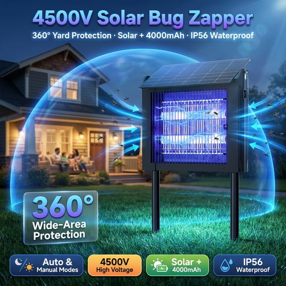 4500V Solar Bug Zapper | 4000Mah High Voltage Mosquito & Fly Trapper With 3 Placement Options, 2 Modes, Ip56, Metal Shell For Home, Garden, Patio - Fast & Free Shipping, Modern Outdoor Design