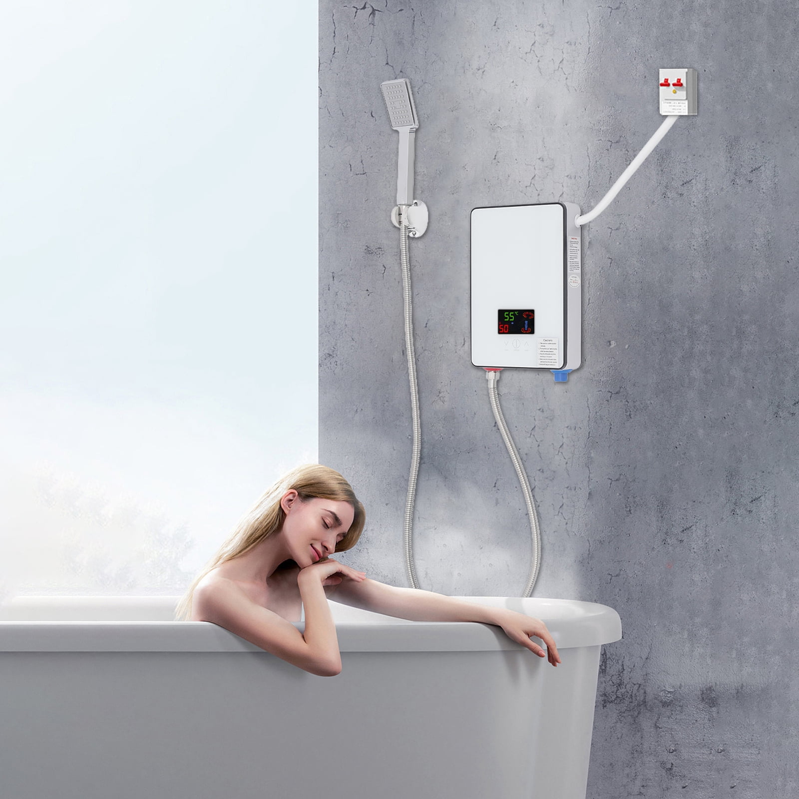 4500W Electric Tankless Water Heater, Instant Hot Water, Adjustable Temperature, LED Display, Energy-Saving, Compact Design with Shower Head for Home, Bathroom, Kitchen